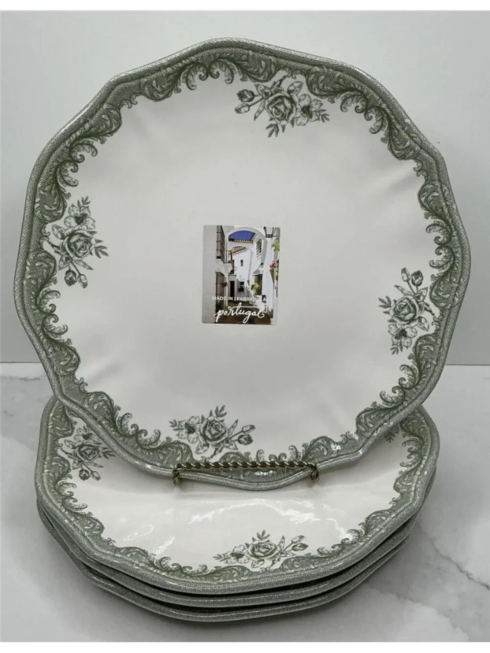 4 Matceramica Stoneware Salad Plates Green Rose Shaped 8.5” From Portugal New